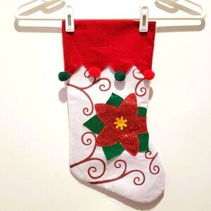 Poinsettia Stocking White Felt Pom Poms Shiny Greenbrier 16"